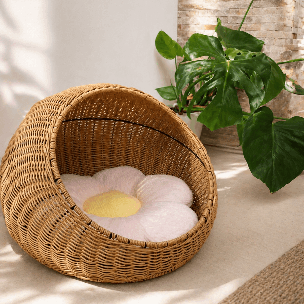 Maison cocon en rotin pour chat / petit chien – Ø47 × 30 cm - Boutique Aux Trois Pattes