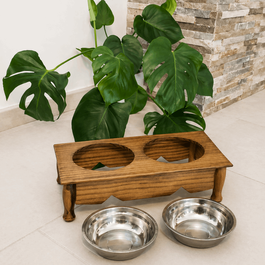 Gamelle surélevée double chien & chat – 2 x 500 ml – Bois - Boutique Aux Trois Pattes