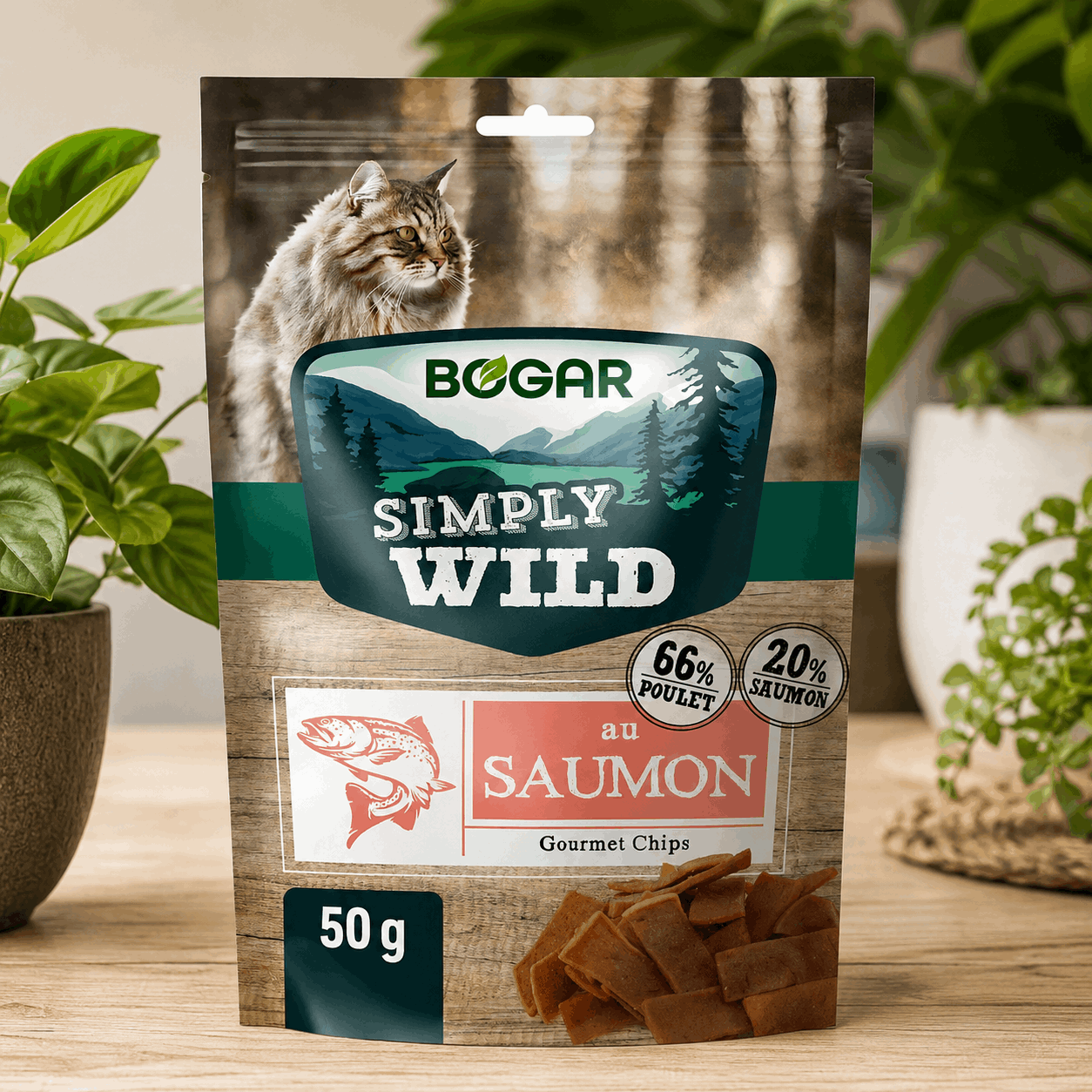 Chips pour chat Bogar Simply Wild au saumon – 50 g - Boutique Aux Trois Pattes