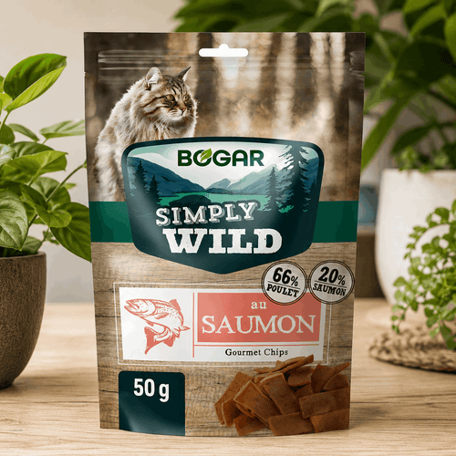 Chips pour chat Bogar Simply Wild au saumon – 50 g - Boutique Aux Trois Pattes