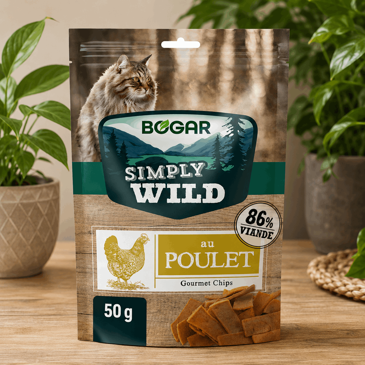 Chips pour chat Bogar Simply Wild au poulet – 50 g - Boutique Aux Trois Pattes