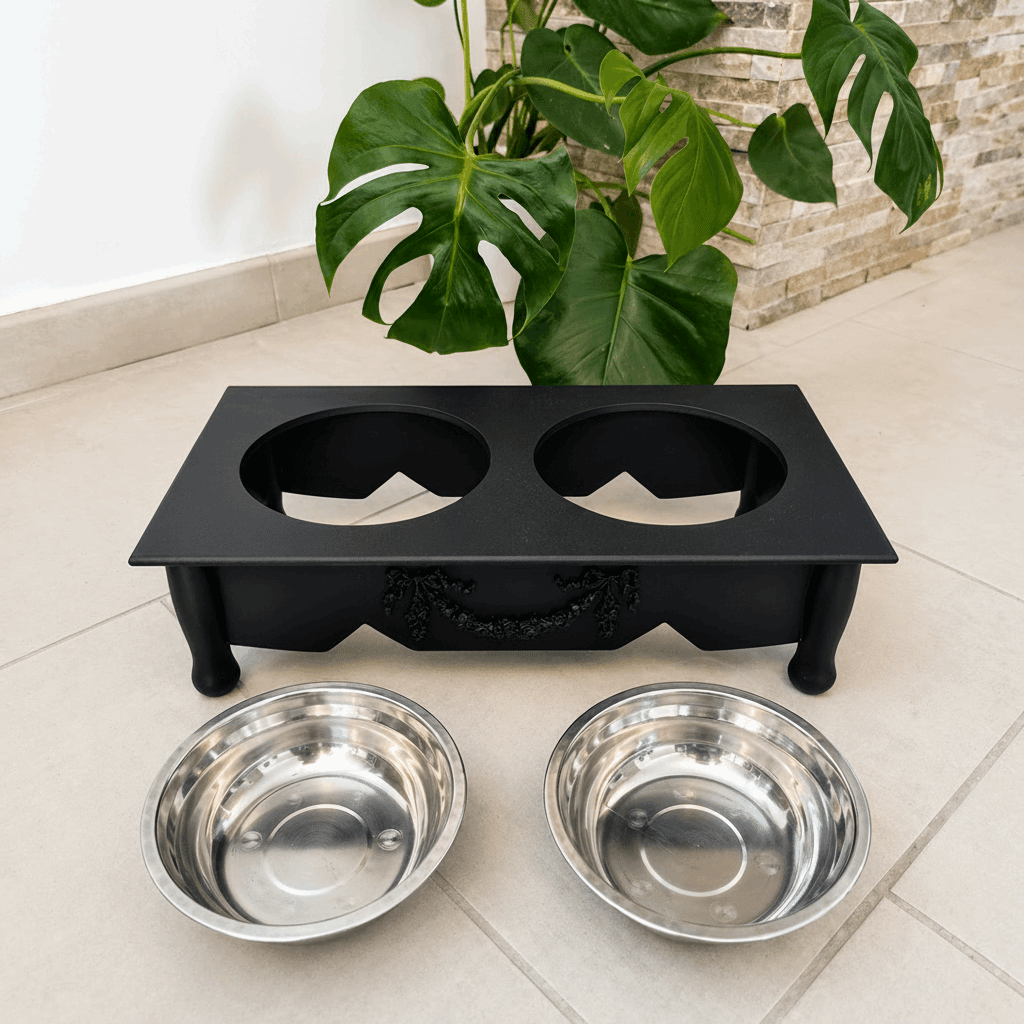 Gamelle surélevée double chien & chat – 2 x 500 ml – Noir ou Doré - Boutique Aux Trois Pattes