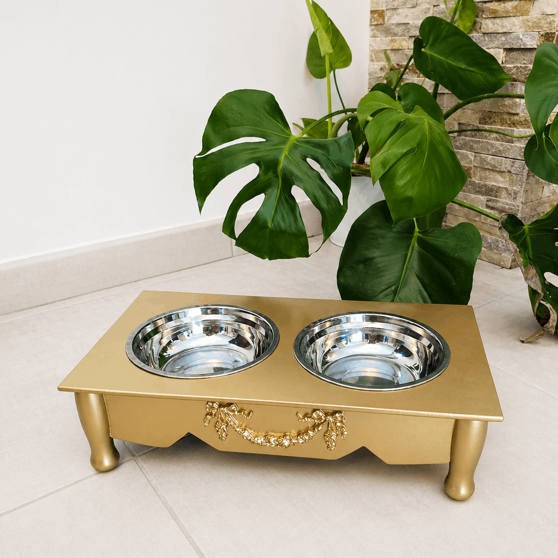 Gamelle surélevée double chien & chat – 2 x 500 ml – Noir ou Doré - Boutique Aux Trois Pattes
