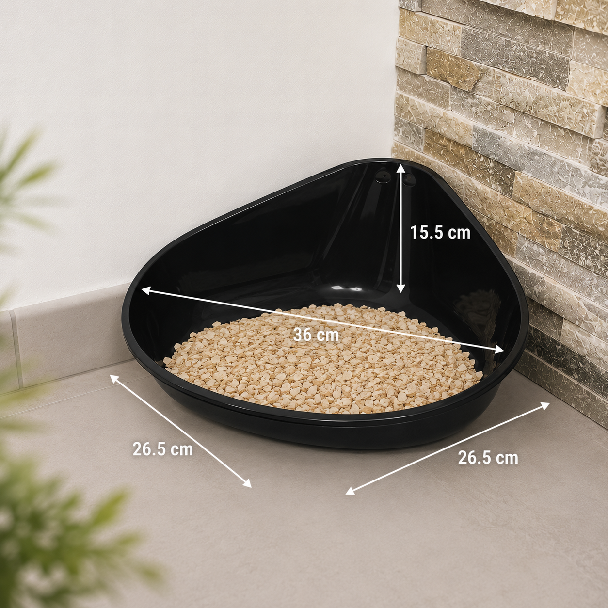 Dimensions du bac à litière d'angle noir pour lapin : 36 × 26,5 × 15,5 cm