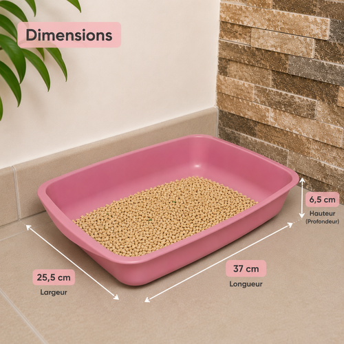 Dimensions du bac à litière rectangulaire rose pour lapin : 37 × 25,5 × 6,5 cm
