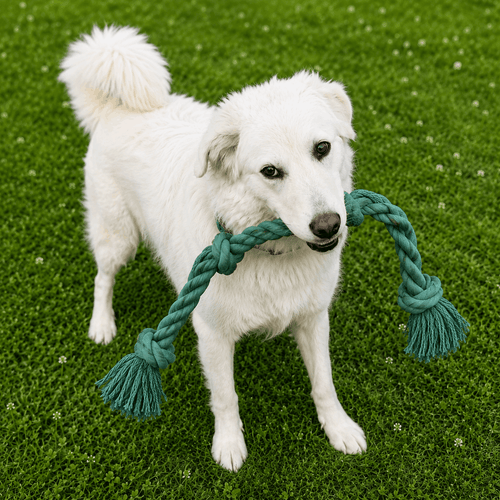 Corde d'hygiène dentaire en tissu tressé avec 4 nœuds pour chien – 74 cm - Boutique Aux Trois Pattes