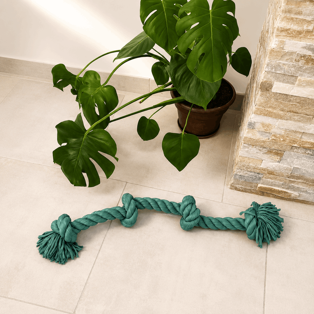 Corde d'hygiène dentaire en tissu tressé avec 4 nœuds pour chien – 74 cm - Boutique Aux Trois Pattes