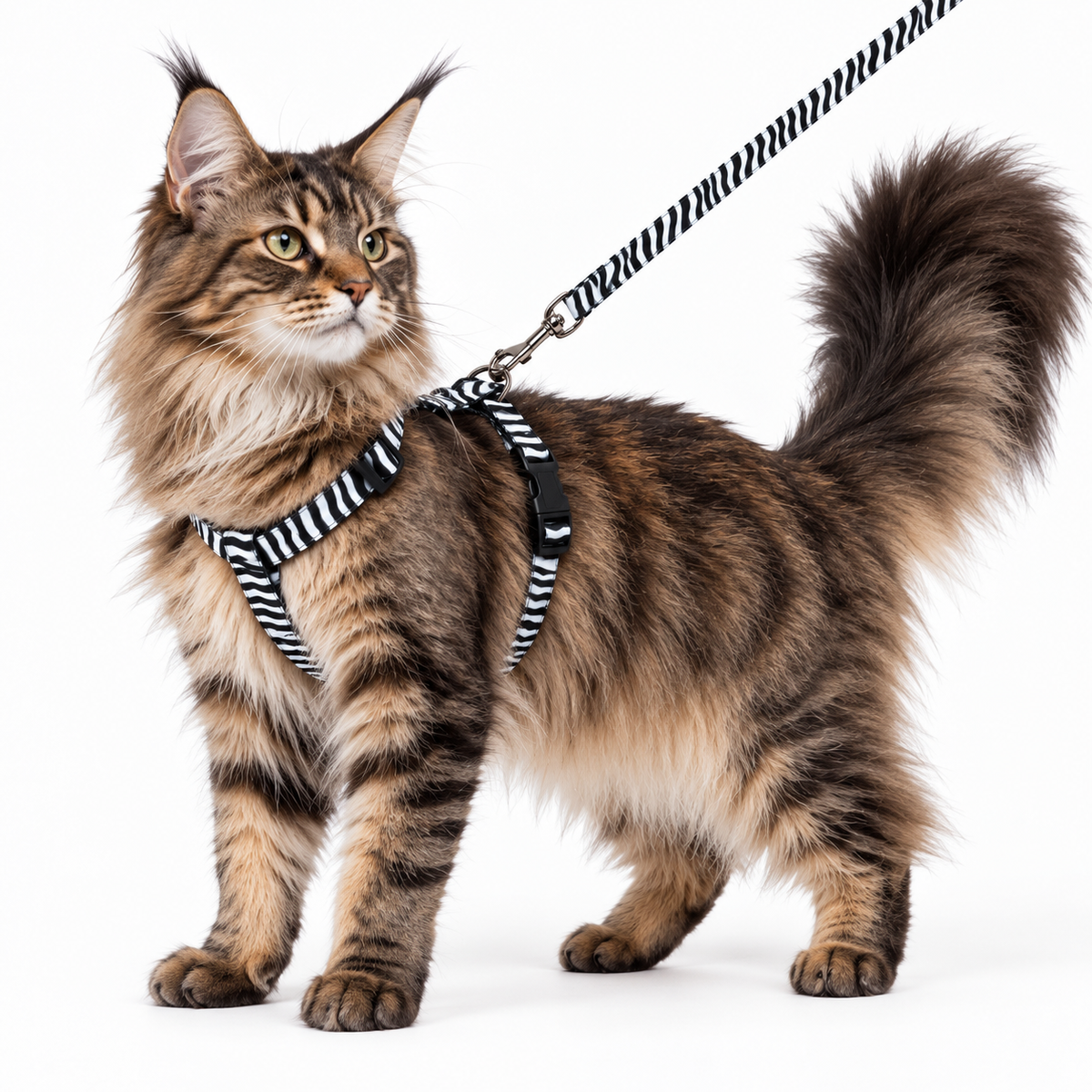 Maine Coon portant un harnais pour chat noir et blanc avec laisse