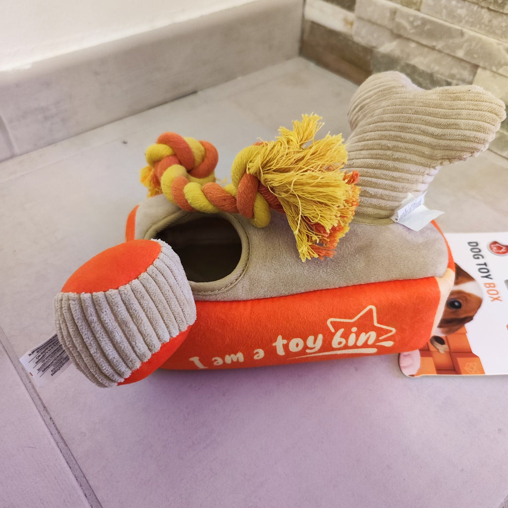 Jeu d’occupation pour chien avec boîte, corde et peluches