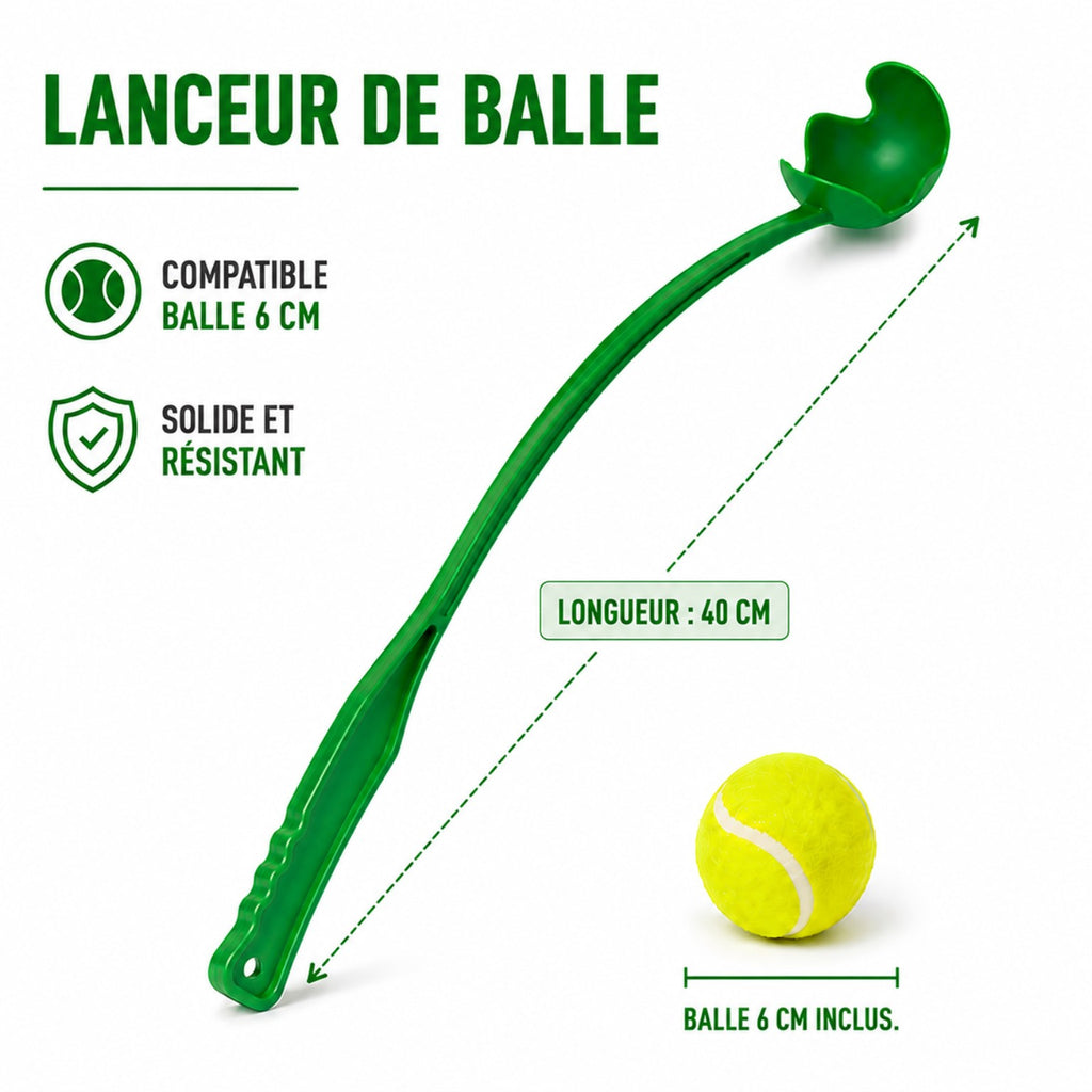 Lanceur de balle pour chien vert – 40 cm ou 62 cm – Balle Ø 6 cm - Boutique Aux Trois Pattes