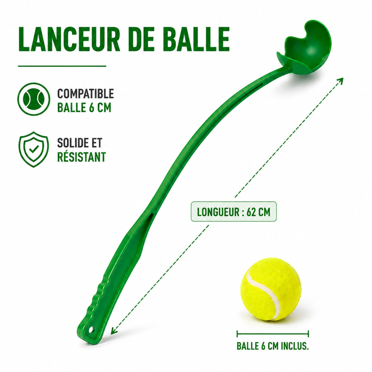 Lanceur de balle pour chien vert – 40 cm ou 62 cm – Balle Ø 6 cm - Boutique Aux Trois Pattes