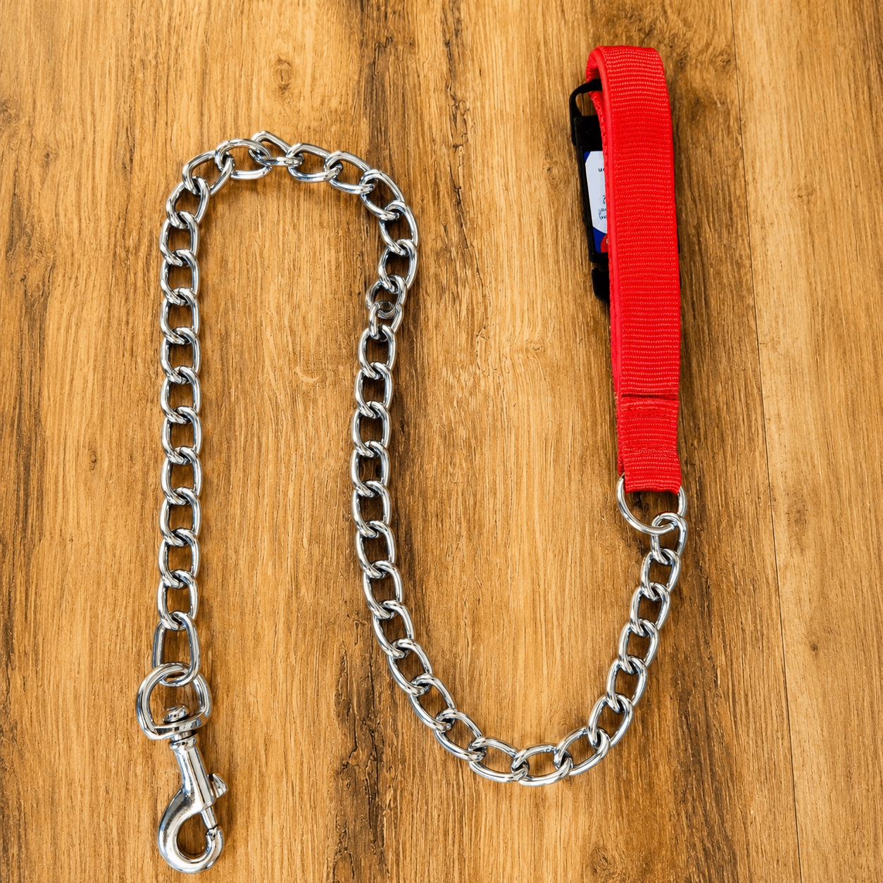 Laisse chaîne chromée avec poignée nylon rouge – 100 cm / 4 mm - Boutique Aux Trois Pattes