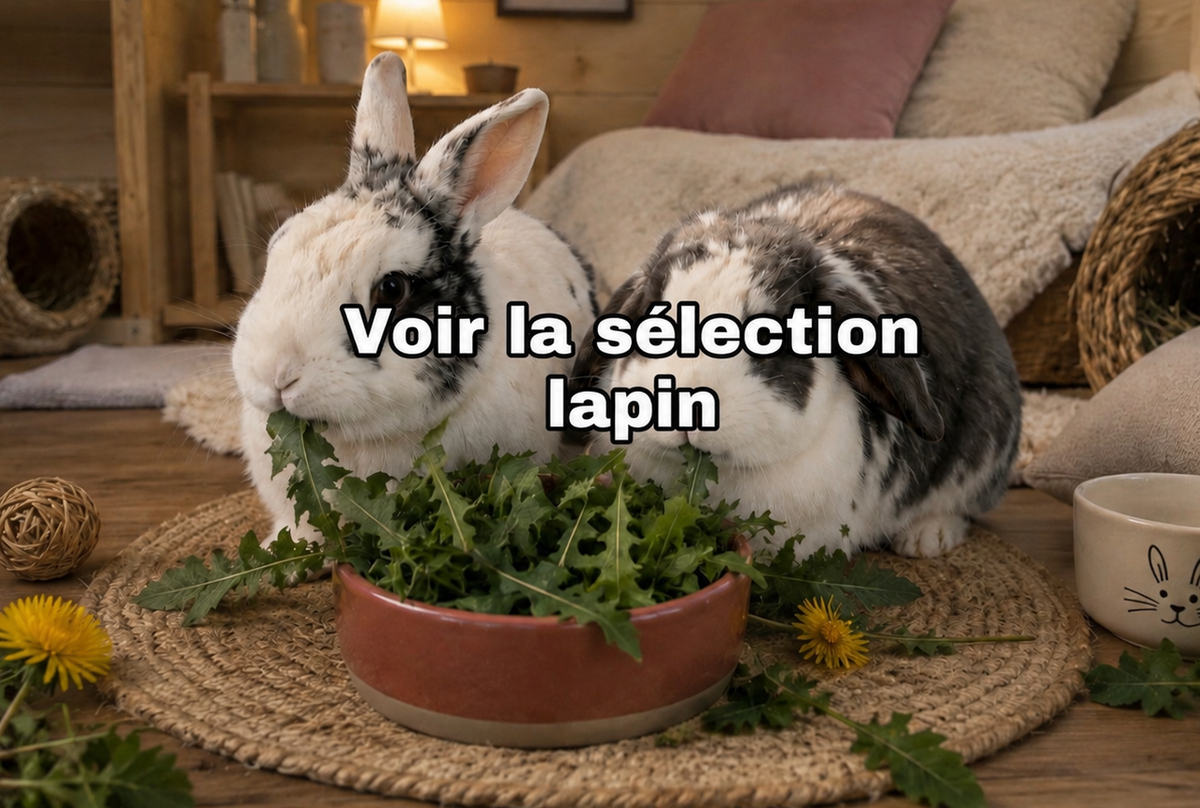 Deux lapins devant un bol de verdure avec le texte « Voir la sélection lapin » menant à la collection d'accessoires et de produits pour lapin