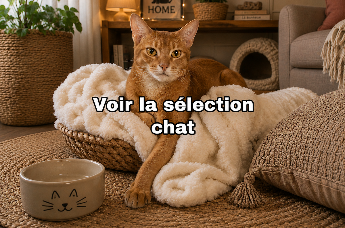 Chat roux allongé sur un plaid dans un salon avec le texte « Voir la sélection chat » menant à la collection de produits pour chat