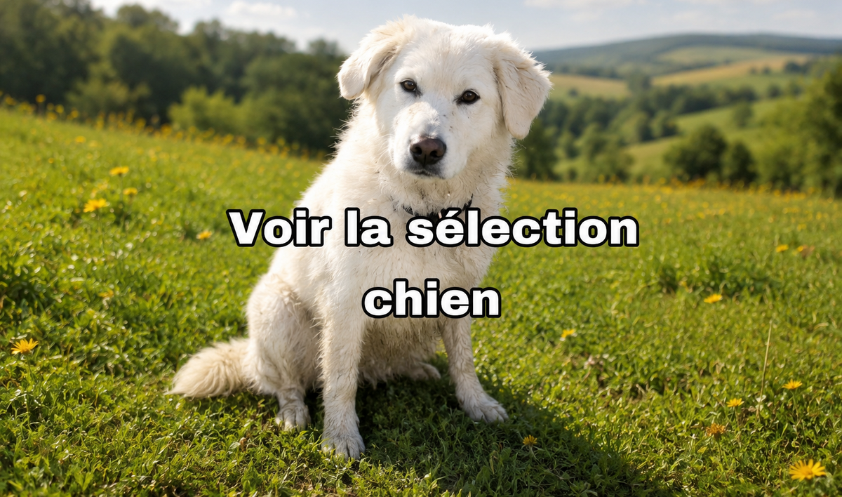 Golden Retriever assis dans une prairie avec le texte « Voir la sélection chien » menant à la collection de produits pour chien