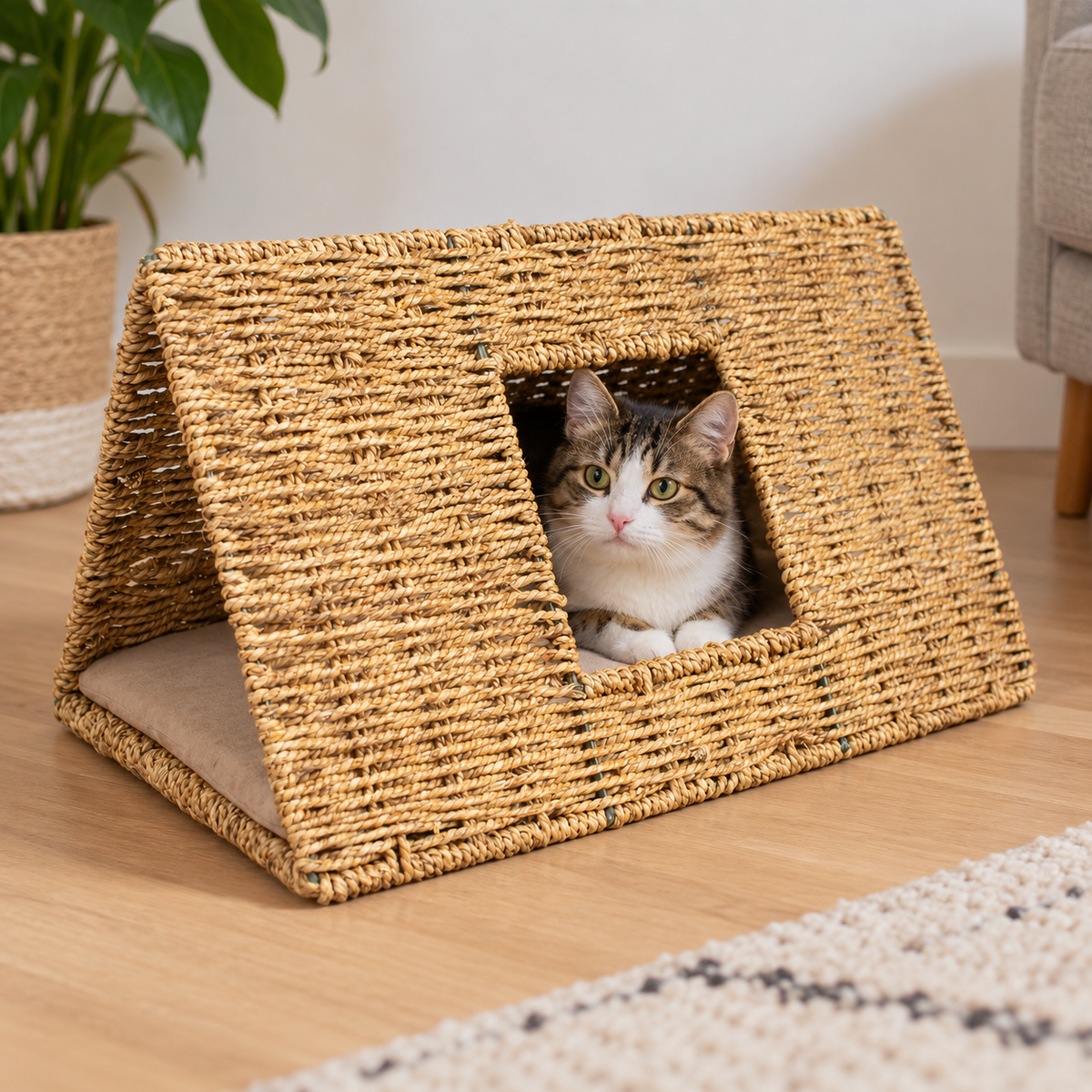 Chat installé dans le tunnel en zostère Laguna à l'intérieur